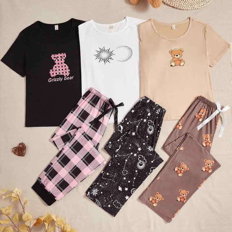 ルームウェア レディース パジャマ かわいい 星空柄 プリント 半袖 ロングパンツ 2点セット 再生繊維 薄手 通気性 快適 クルーネック シンプル カジュアル 部屋着 外出OK オールシーズン