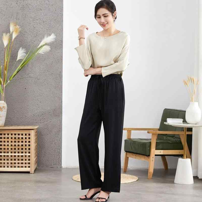 パンツ レディース 女性用 ドレープ感 落ち感 桑蚕シルク ダブルクレープ 通勤 上品 カジュアル ストレート ワイド ルーズフィット ゆったり 薄手 ノンストレッチ ブラック 黒 ロング 春夏｜セキュアデポ