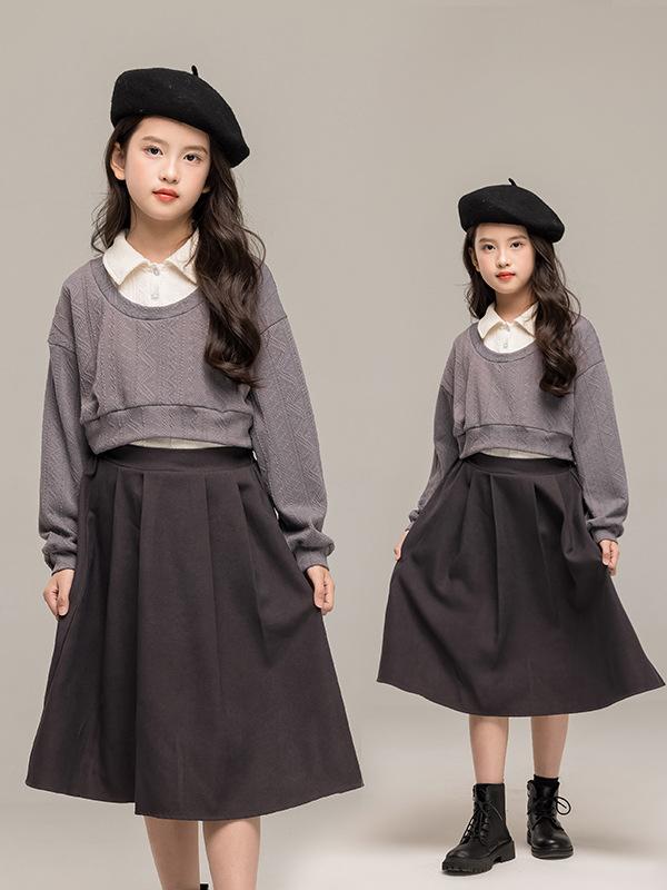 キッズ 女の子 ガールズ ジュニア スクール風 セットアップ 2点セット 長袖 ニットトップス プリーツスカート ポロ襟 無地 秋冬 小学生 中学生 通学 お出かけ 普段使い