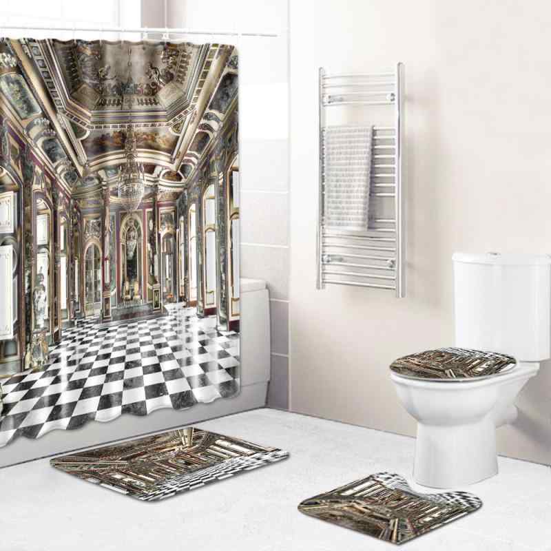 シャワーカーテン バスマット トイレマット トイレ足元マット 4点セット 洗濯機洗い可 丸洗いOK 宮殿柄 レトロ アンティーク調 おしゃれ 浴室 バスルーム用 ポリエステル