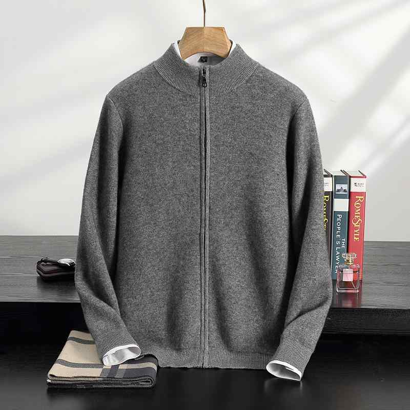 カーディガン メンズ 秋冬 カシミヤ混 ダンボールニット 厚手 保温 スタンドカラー ジップアップ 無地 ゆったり ルーズフィット 通勤 カジュアル 普段着 セーター｜セキュアデポ
