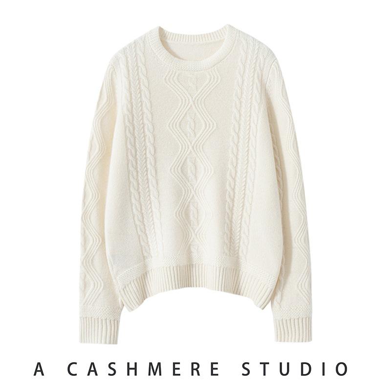 ニット レディース 100% カシミヤ ケーブル編み ひし形 プルオーバー ゆったり リラックスフィット スリム見え ショート丈 長袖 クルーネック 厚手 秋冬|セキュアデポ