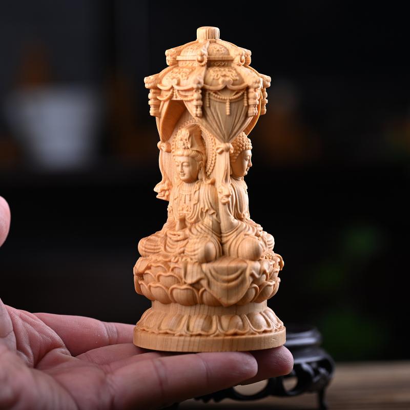仏像 置物 卓上飾り 崖柏 木彫り 細密彫刻 西方三聖塔 大日如来 観音菩薩 大勢至菩薩 新中式スタイル オフィス リビング デスク コンパクト ミニサイズ 開運 縁起物 工芸品