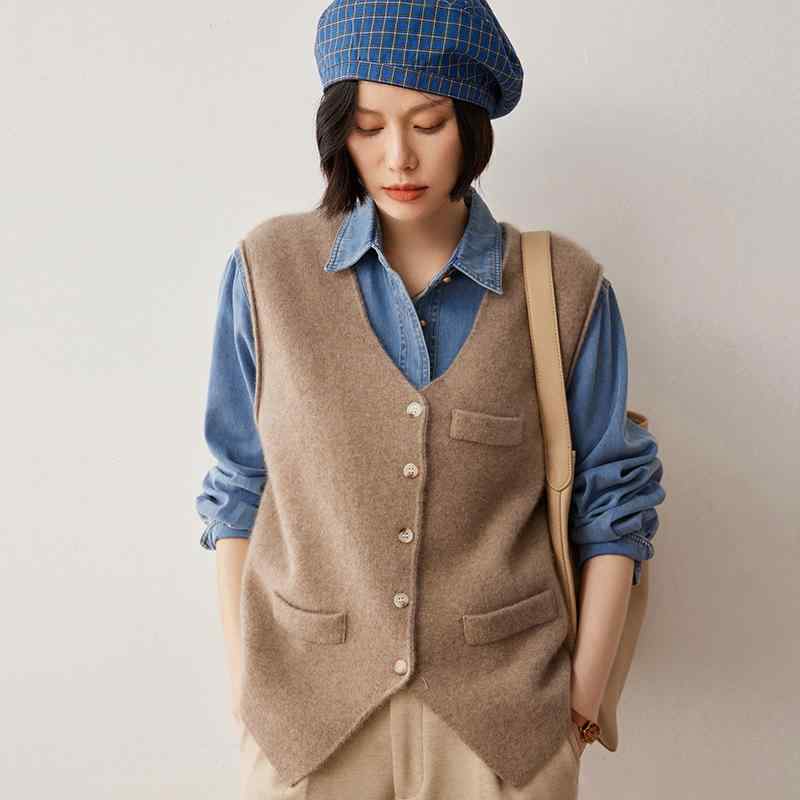 限りない レディース Vのど首 カシミール 編み物 ゆったり ジレ シングル名取り草 前くい違い 衣嚢付き添い人 ロールヘム ノースリーブ 体型押しかぶせる 窈窕たる 心地好い 通い 事務所 秋冬 重ね着トップス ベスト・ジレ-トップス