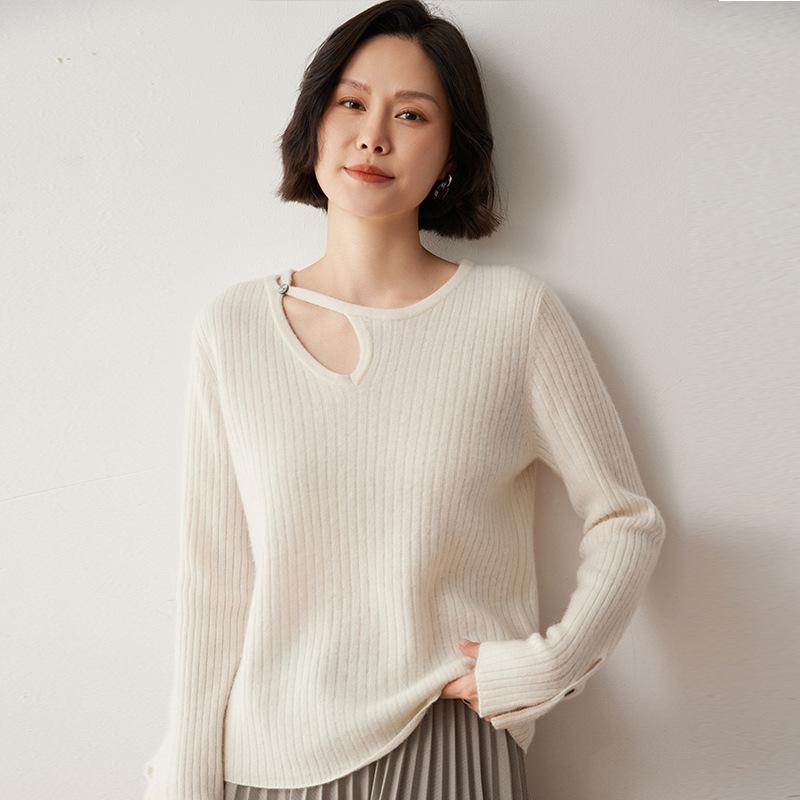 ニット レディース 秋冬 ラウンドネック カシミヤ ウール リブ編み 袖口シェルボタン プルオーバー ゆったり 上品 通勤 インナー トップス｜セキュアデポ
