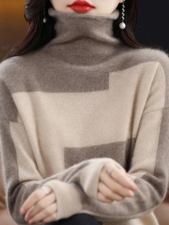 ニット レディース プルオーバー ゆったり 厚手 配色切り替え 長袖 タートルネック 上品 きれいめ オフィス カジュアル 秋冬 トップス キャメル ピンク