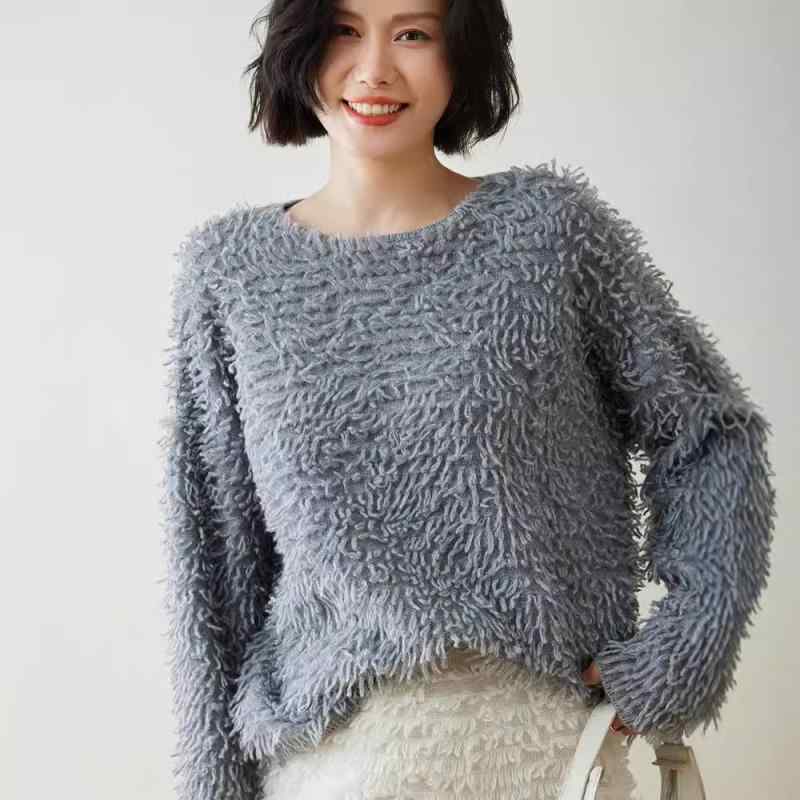 厚手 起毛 ウール カシミヤ混 セーター レディース プルオーバー ラウンドネック フリンジ ゆったり ルーズフィット 長袖 無地 通勤 オフィス 大人 上品 秋冬 カラー展開