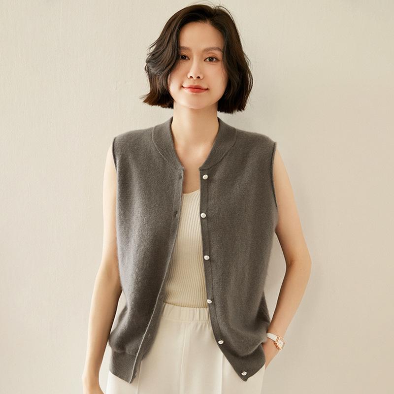 ベスト レディース 秋冬 Vネック カシミヤ ウール パールボタン ジレ 女性用 ゆったり 上品 フェミニン 通勤 トップス ショート丈 前開き 無地 体型カバー|セキュアデポ