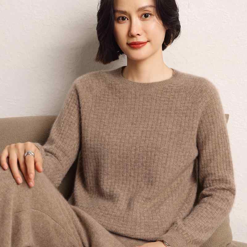 ニット レディース カシミヤ ワッフル編み クルーネック 長袖 ゆったり プルオーバー ショート丈 秋冬 中厚手 通勤スタイル