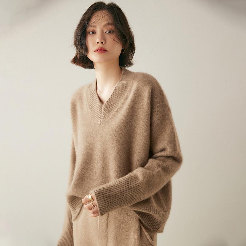 ニット レディース 超厚手 Vネック カシミヤ混 ゆったり オーバーサイズ 着痩せ効果 プルオーバー セーター リラックス 無地 長袖 トップス 秋冬 日韓風 カジュアル