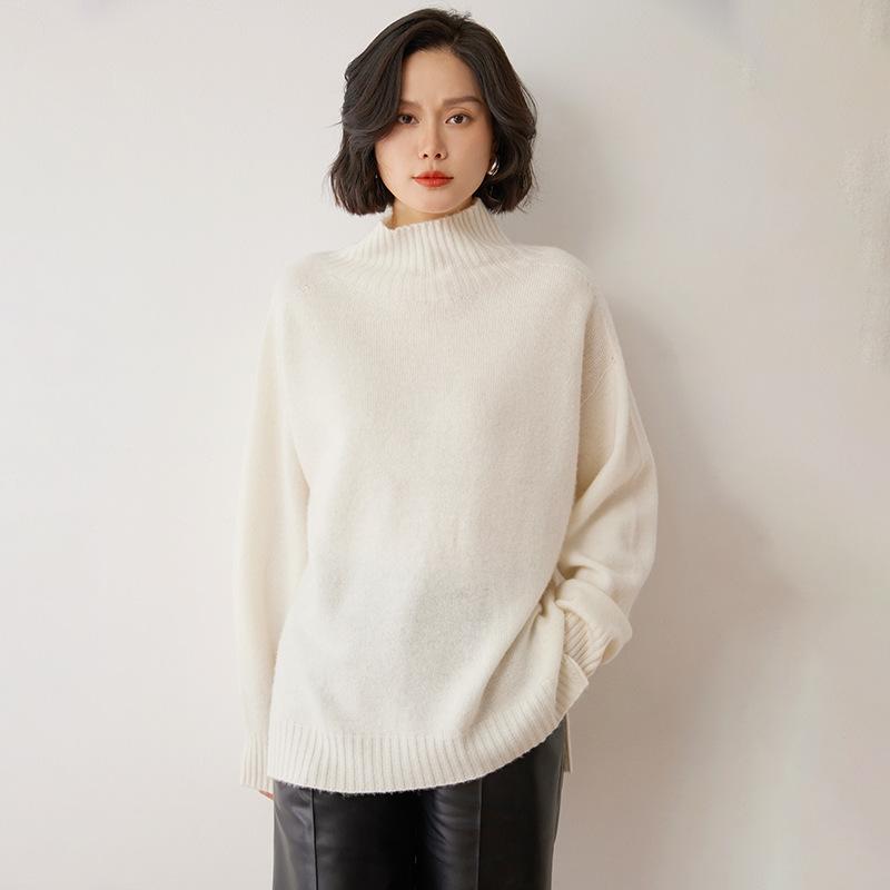 編み物 レディース 保温 ゆったり 体型押しかぶせる 長袖 肋材編み 真っただ中丈 片方細長い切口 タートルネック カシミール混 ティーシャツ 中朦々たる 心地よい 秋冬