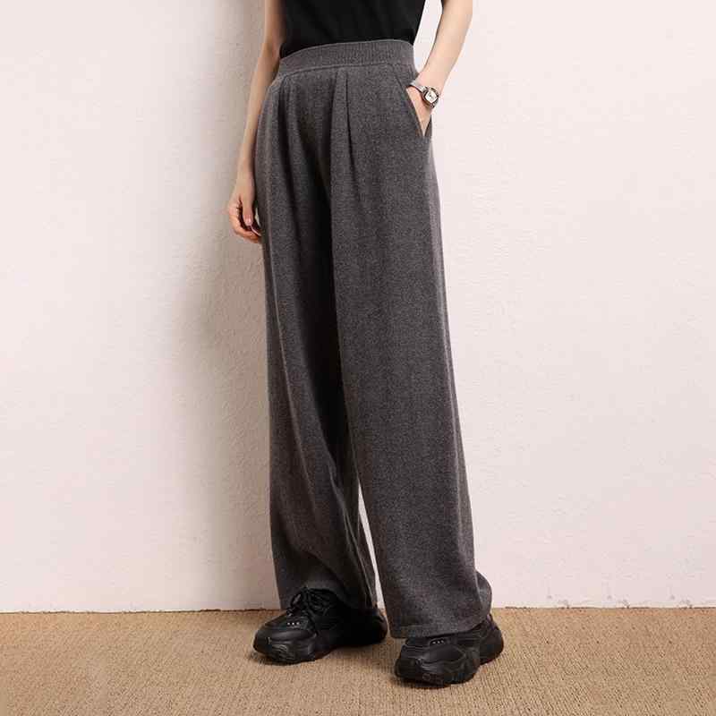 ワイドパンツ レディース カシミヤ 100% リブニット 保温 ストレッチ ゆったり ストレート ハイウエスト ドレープ感 美脚 大人カジュアル 部屋着 春 秋冬