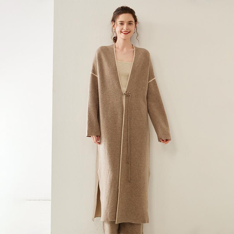 カーディガン レディース カシミヤ混 Vネック 厚手 ゆったり ドロップショルダー 過膝丈 ワンボタン 長袖 切り替え 配色 ウエストマーク 秋冬 中国風