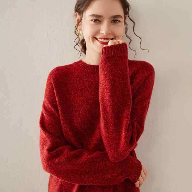 ニット レディース カシミヤ ゆったり ルーズフィット 厚手 長袖 ラウンドネック プルオーバー カラーネップ柄 リラックス カジュアル 秋冬 フリーサイズ