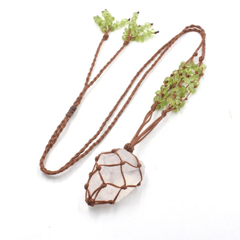 ネックレス 天然石 原石 ハンドメイド 手編み ペリドット リーフ ペンダント ファッション アクセサリー オフィス 通勤 カジュアル アメジスト ローズクォーツ グリーンアベンチュリン シトリン クリアクォーツ