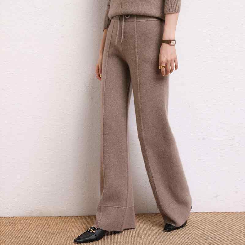 パンツ レディース 秋冬 カシミヤ混 ニット 無地 ワイドシルエット ハイウエストデザイン ゆったり ロング丈 ストレッチ 中厚手 カジュアル ボトムス