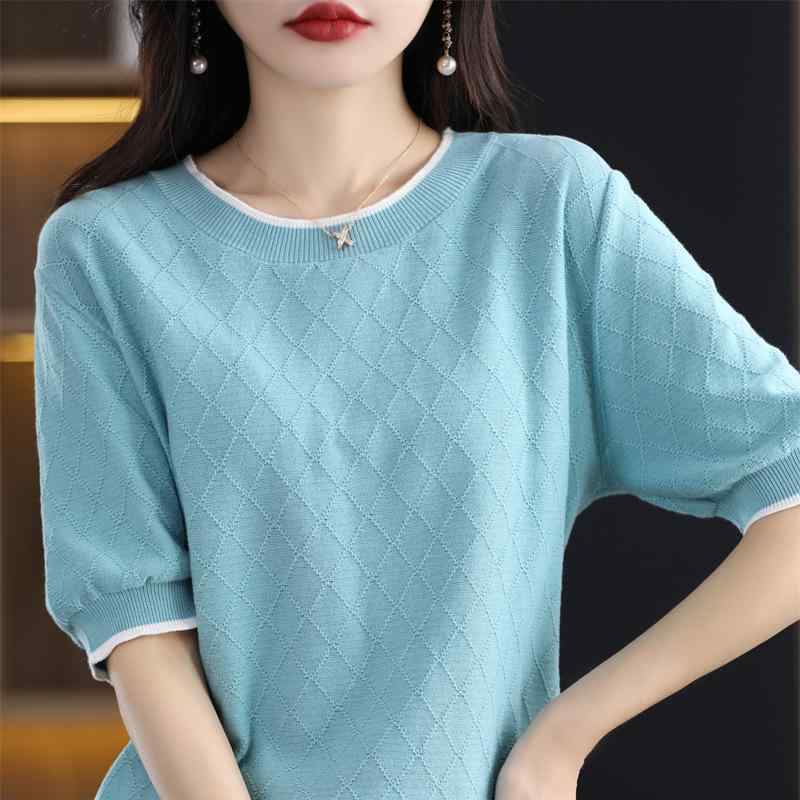 ニット Tシャツ レディース 女性用 中厚手 プルオーバー 綿 コットン 春夏 ショート丈 菱形柄 切り替え 配色 五分袖 クルーネック 丸首 きれいめ エレガント 通勤 オフィス カジュアル