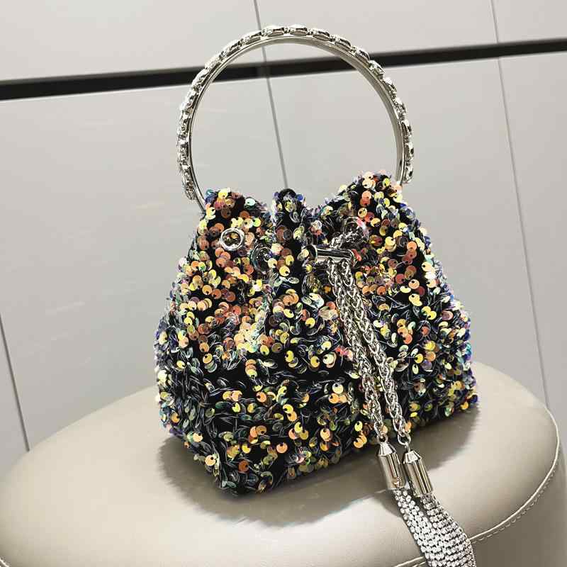 バッグ レディース メタルハンドル リングハンドル チェーン キラキラ スパンコール ミニ バケツバッグ ハンドバッグ ショルダーバッグ 斜め掛け ポリエステル デイリーユース 普段使い