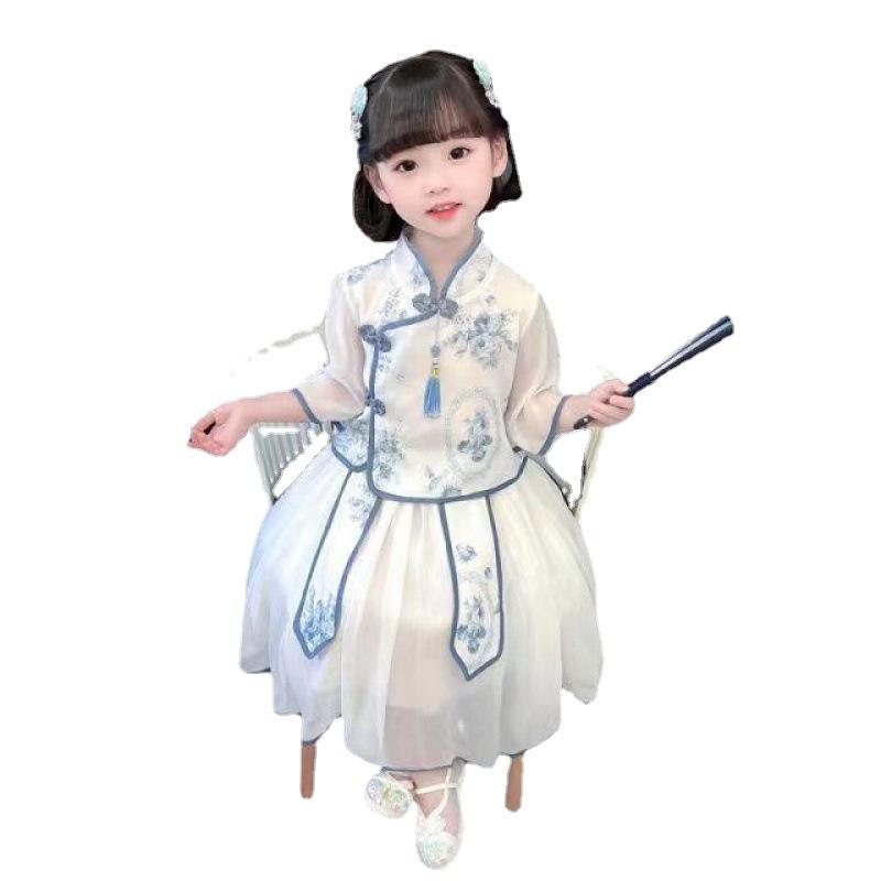 ワンピース キッズ 女の子 唐装 漢服 チャイナドレス プリンセスドレス 中国風 古風衣装 春秋 発表会 記念写真 柔らか素材 シフォン 無地