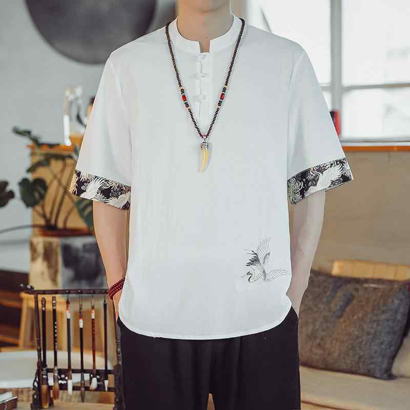 Tシャツ メンズ 半袖 薄手 中国風 民族風 レトロ 刺しゅう ゆったり ルーズフィット 大きいサイズ リネン 麻 春夏