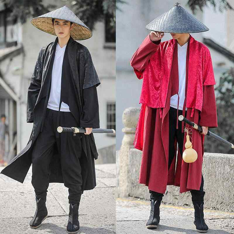 コスチューム メンズ 中国風 道袍 侠客服 ローブ 舞台 演劇 衣装 時代劇 ドラマ 映画 撮影 イベント 仮装 学園祭 文化祭 古風 おしゃれ 個性的 春秋 麻混紡 ブラック レッド