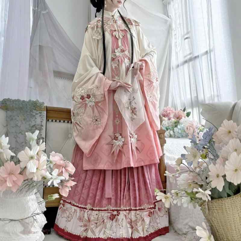 漢服 レディース 女性用 明朝様式 花刺繍 立ち襟ブラウス 雲肩 馬面スカート 重厚感 日常使い エレガント シフォン ポリエステル ピンク ベージュ セットアップ 古風 イベント パーティー｜セキュアデポ