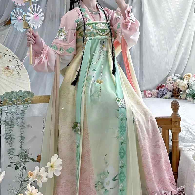 漢服 レディース 中国風 唐風 ハイウエスト切り替え 配色デザイン 刺繍 フラワー柄 シフォン素材 エレガント 上品 日常使い 普段着 デイリーユース オールシーズン対応 ツーピース セットアップ グリーン ピンク ゆったり 体型カバー｜セキュアデポ