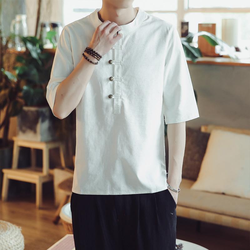 Tシャツ メンズ 春夏 薄手 リネン混紡 スタンドカラー チャイナ風 五分袖 プルオーバー 無地 ルーズフィット カジュアル ウォッシュ加工 ボタン飾り 大きいサイズ対応 ホワイト ネイビー