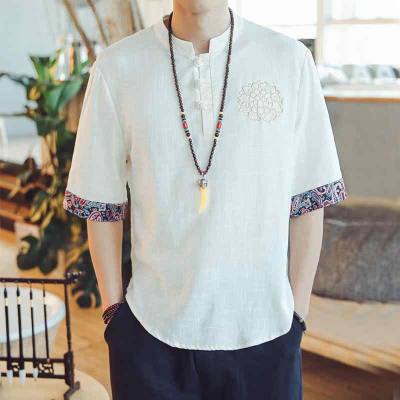 Tシャツ メンズ 男性用 春夏 薄手 リネン混 綿麻素材 半袖 刺繍 ゆったり ルーズフィット 大きいサイズ ビッグサイズ スタンドカラー 中華風 無地 カジュアル トップス
