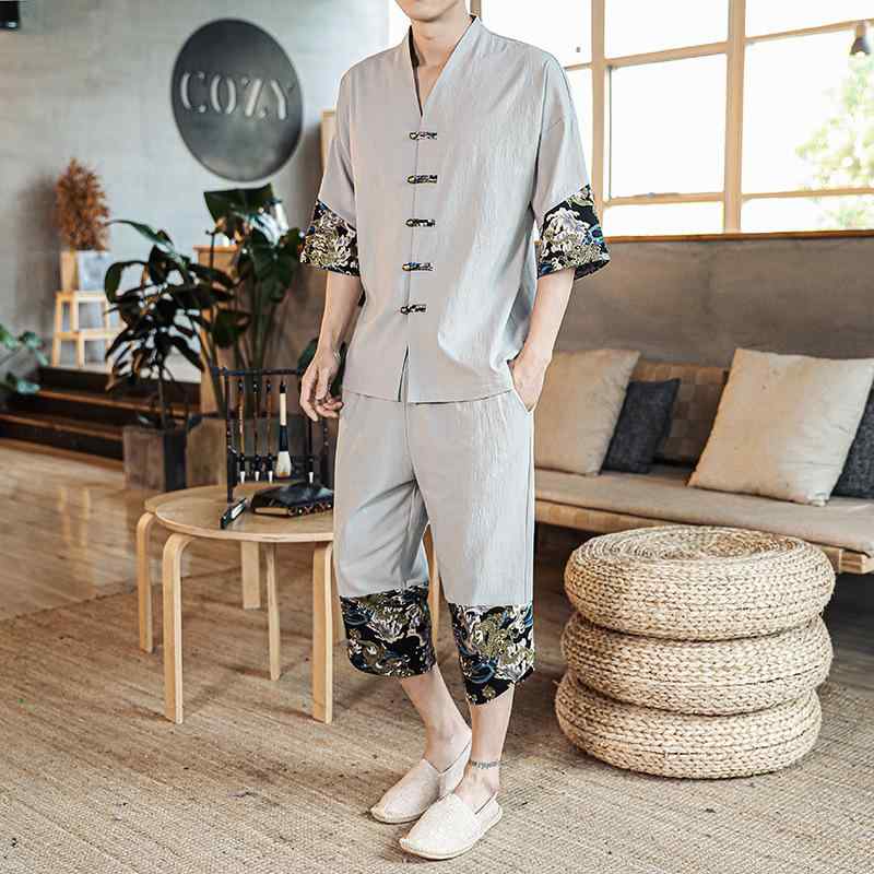 セットアップ メンズ 半袖Tシャツ 七分丈パンツ 2点セット 夏 中国風 漢服風 レトロ ゆったり リラックス クルーネック 綿混 普段着 ルームウェア カジュアル