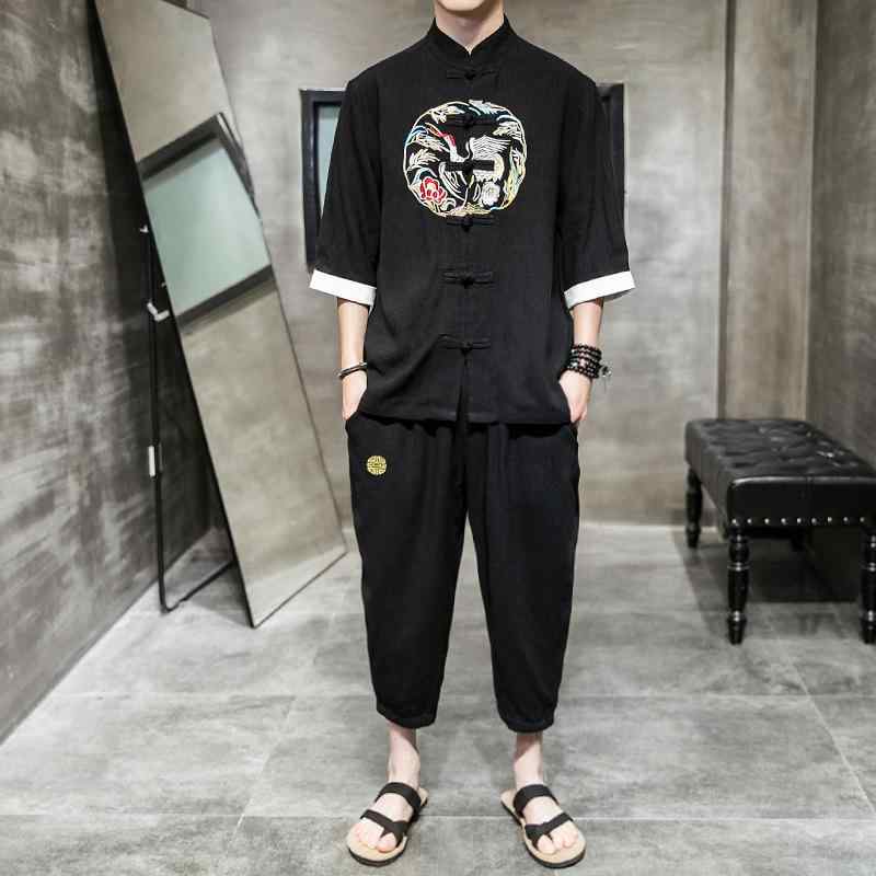 セットアップ メンズ 中華風 漢服 刺・墸 トップス 半袖 七分丈パンツ チャイナボタン コットンブレンド 2点セット 春夏 デイリーウェア 大きいサイズ 赤 黒 青