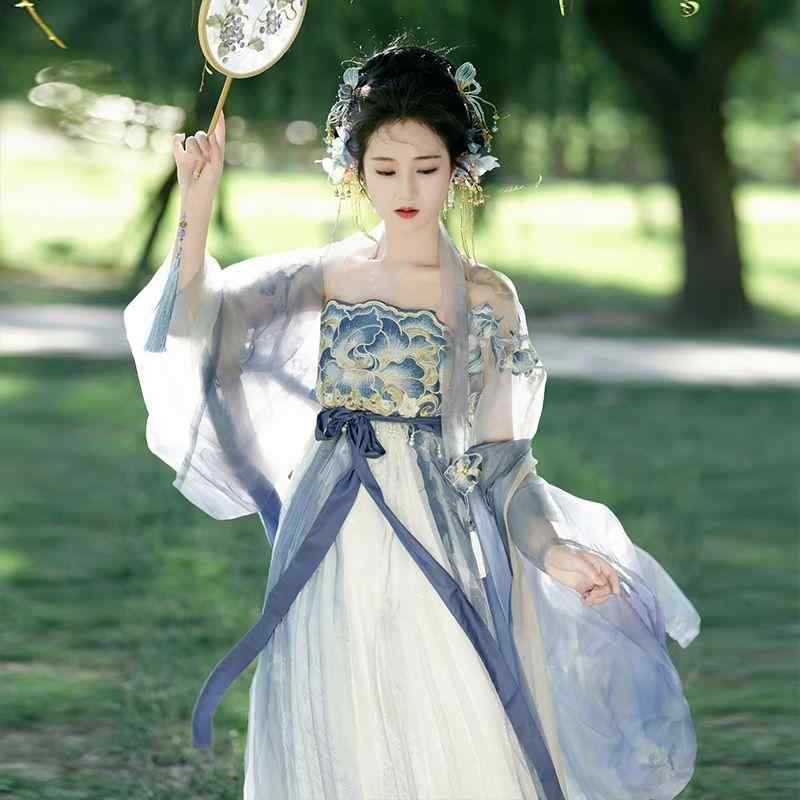 漢服 レディース 刺・墸 仙女風 優雅 再生繊維 シフォン素材 ろうけつ染め 唐代風 芙蓉水蓮柄 大袖ブラウス コースカート セットアップ 春夏 日常着用 お出かけ ブルー｜セキュアデポ
