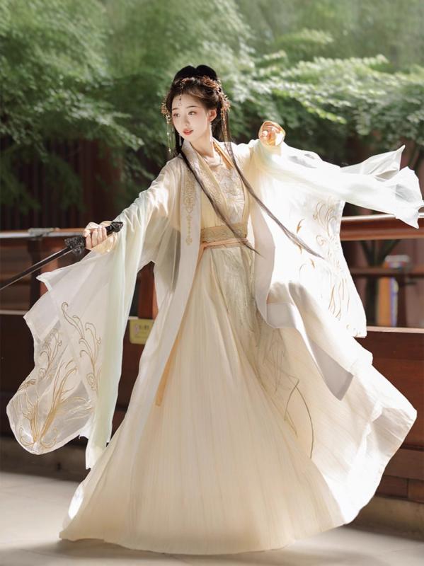 漢服 レディース 宋制 武侠風 古装 幻想的 ポリエステル 刺・墸 広袖シャツ 斉腰襦裙 ハイウエストスカート セットアップ 改良日常着 四季対応 ヴィンテージ風 オリジナルデザイン