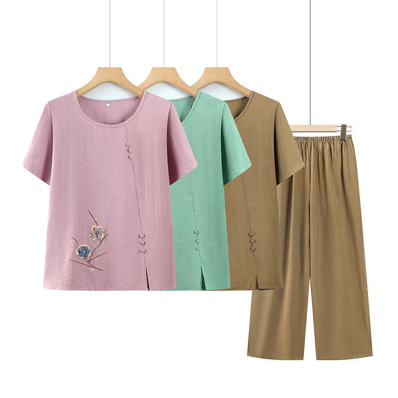 セットアップ レディース 女性用 春夏 中高年 ミセス お母様 ゆったり ルーズフィット 半袖 Tシャツ トップス 刺繍 花柄 2点セット ツーピース 上下セット 部屋着 お出かけ