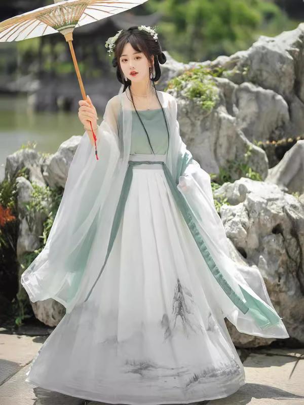 漢服 レディース シフォン素材 軽量 透け感 優雅 イベント 舞台 コスプレ 宋代風 中国古典衣装 対襟 大袖 ブラウス 仙女風 ハイウエストスカート モダン 改良 秋物 ホワイト