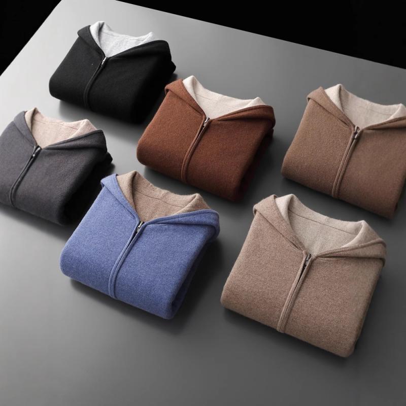 ニットカーディガン メンズ 男性用 秋冬 フード付き ジップアップ Wフェイス 厚手 保温 カジュアル ビッグシルエット ゆったり 無地 暖かい M～XXL対応