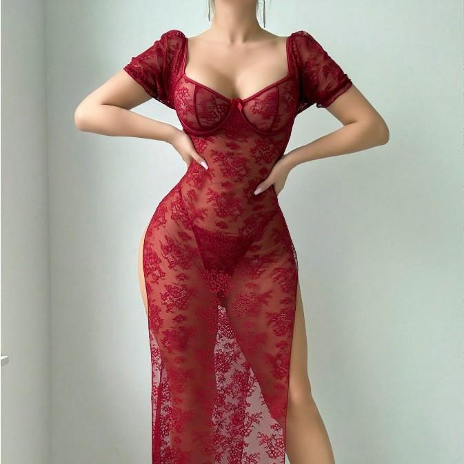 ランジェリー レディース セクシー シースルー レース ボディコン タイト ワンピース 情趣下着 ミニ丈 メッシュ 薄手 伸縮性 ナイトウェア ルームウェア 春夏 ブラック ワインレッド