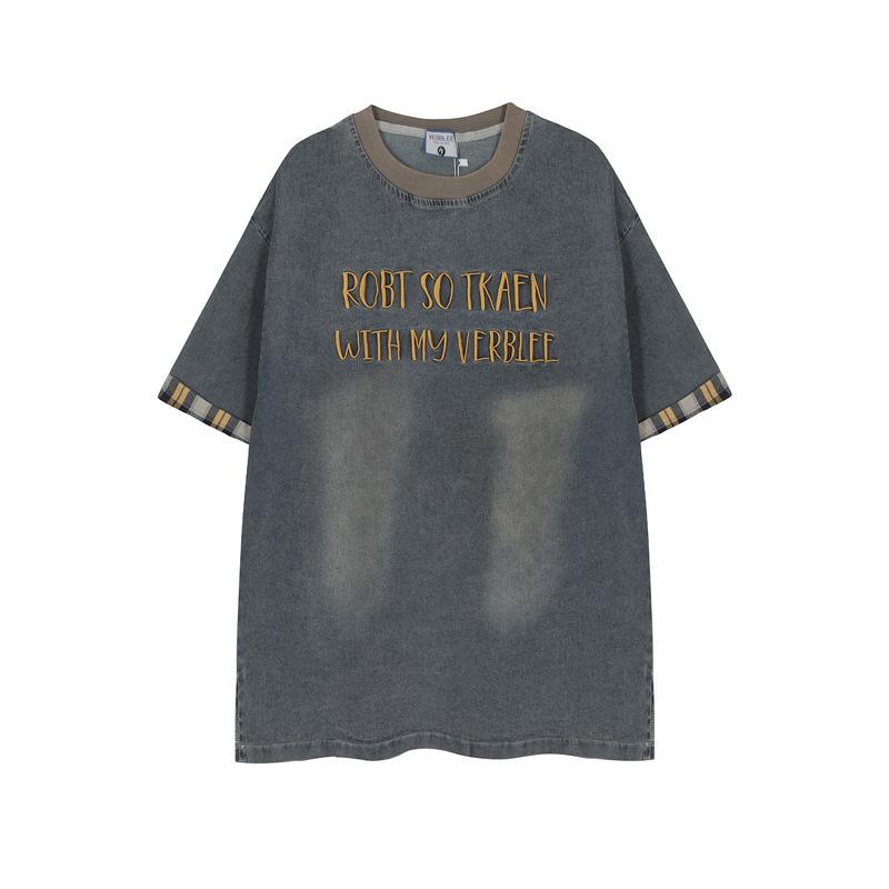 Tシャツ メンズ レディース アメリカン ストリート カジュアル チェック柄 切り替え デニム 半袖 レトロ 英字 刺繍 コットン 丸首 オーバーサイズ