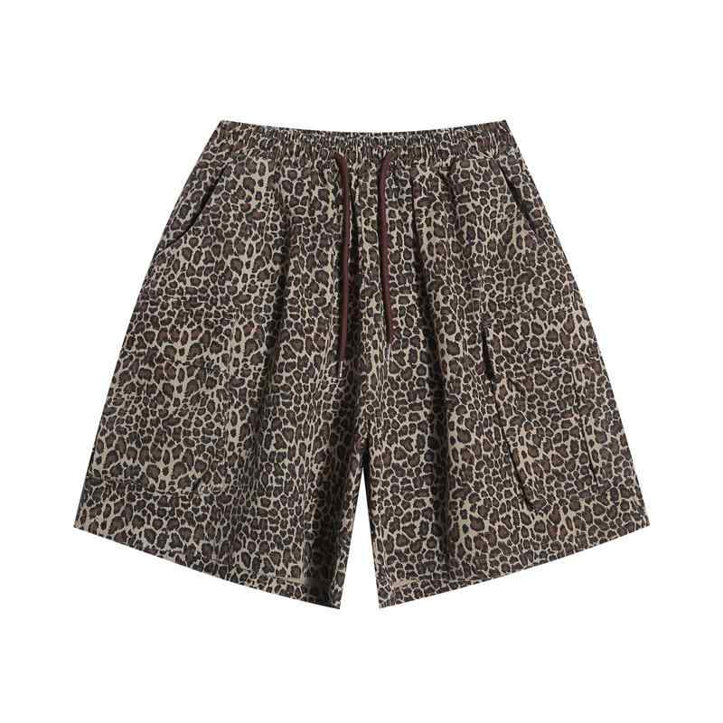 ハーフパンツ メンズ レディース ユニセックス アメリカンレトロ ウエストゴム ドローストリング ヒョウ柄 ゆったり ルーズフィット ワイド カーゴ マルチポケット ストリート系 ストレートシルエット コットン素材 春夏 ブラック