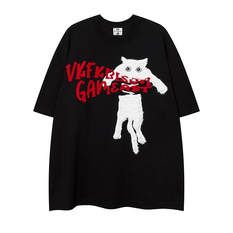 Tシャツ メンズ レディース 男女兼用 ゆったり オーバーサイズ 半袖 猫 ねこ キャラクター タオル刺繍 春夏 カップル ペアルック ストリートカジュアル 通気性