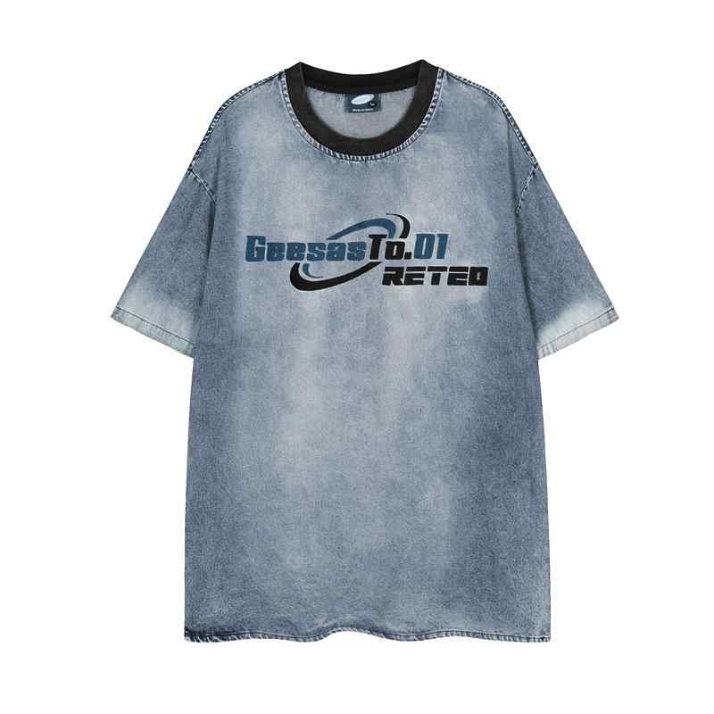 Tシャツ メンズ ウォッシュ加工 グラデーション ロゴ刺繍 配色切り替え デニム アメカジ ストリート系 クルーネック ゆったり ビッグシルエット コットン 春夏 カジュアル ブルー