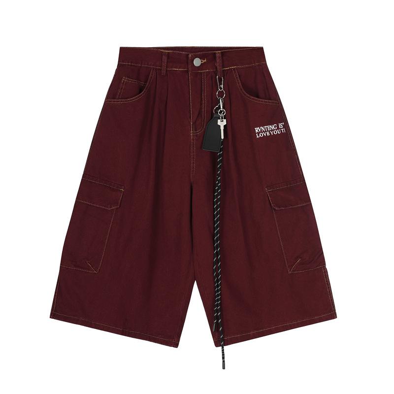 パンツ メンズ レディース 男女兼用 ゆったり ワイド カーゴパンツ マルチポケット アメカジ レトロ ストリートファッション ステッチデザイン 七分丈 春夏 綿素材 ブラック ダークレッド