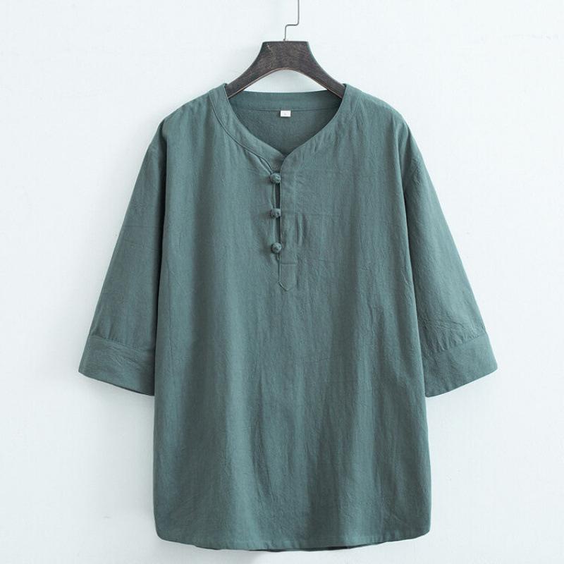 Tシャツ メンズ 綿麻 通気性抜群 七分袖 Vネック ゆったり 夏物 部屋着 リラックス チャイナ風 レトロ カジュアル デイリーユース