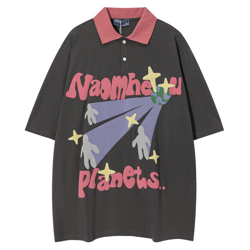 Tシャツ メンズ 半袖 襟付き ポロシャツ 配色切り替え 発泡プリント 英字 星柄 ヒップホップ ストリート カジュアル ゆったり 通気性 綿 春夏