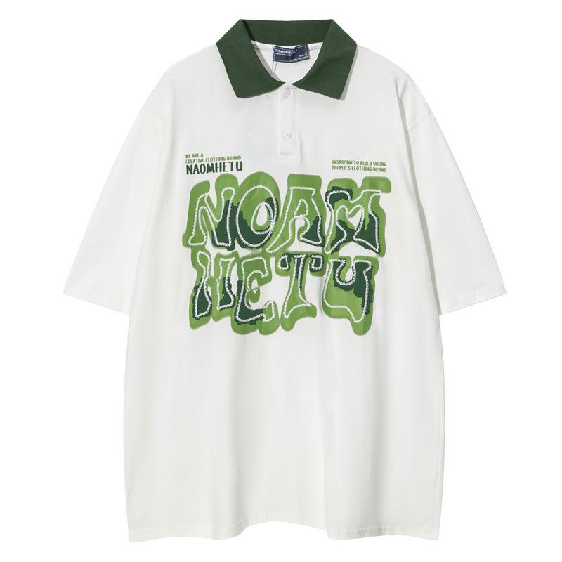 Tシャツ メンズ 半袖 ポロ襟 ゆったり ロゴプリント 配色切り替え アメリカン レトロ カレッジ風 ストリート ヒップホップ 通気性 カジュアル 夏服