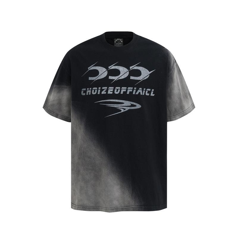Tシャツ メンズ ゆったり ルーズフィット アメカジ アメリカンヴィンテージ グラデーションカラー 半袖 ストリート系 ヒップホップ クルーネック ロゴプリント 夏 サマー 通気性 綿混 カジュアル ブラック ピンク