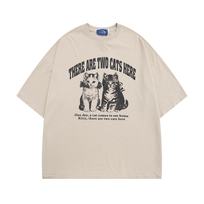 Tシャツ メンズ レディース 通気性 コットン アメリカンレトロ ユーズド加工 カートゥーン 猫柄 プリント 半袖 ビッグシルエット ゆったり ストリート クルーネック ペア 春夏 カジュアル