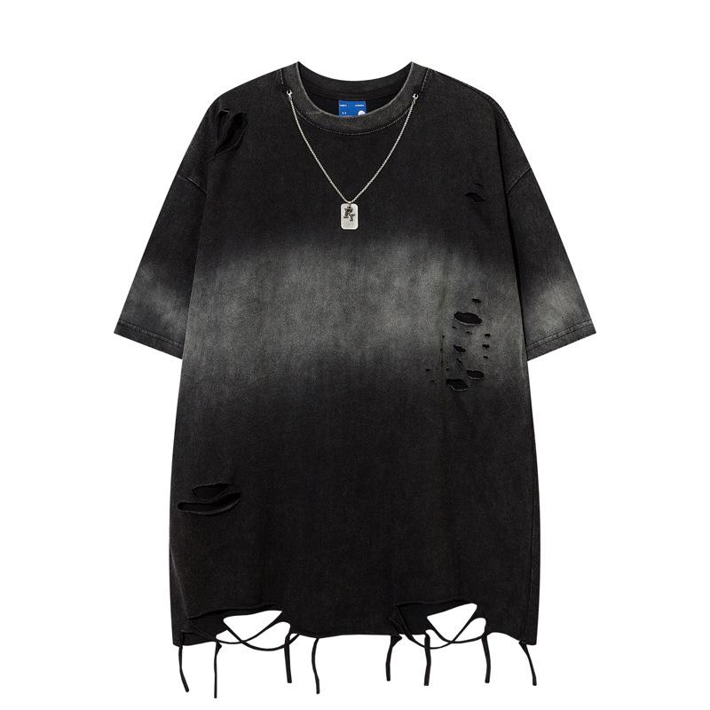 Tシャツ メンズ ゆったり ルーズフィット ダメージ加工 グラデーションカラー 半袖 ストリート ヒップホップ アメカジ レトロ ヴィンテージ 通気性 クルーネック 春夏