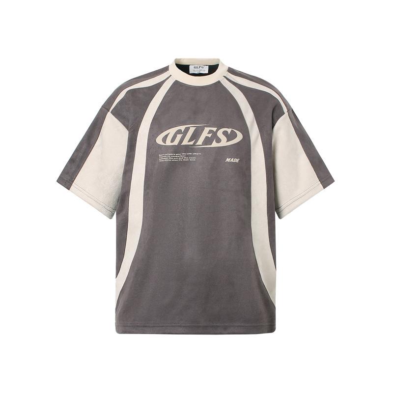 Tシャツ メンズ 春夏 ルーズフィット 配色切り替えデザイン アメリカンレトロ ストリート ヒップホップ スエード生地 半袖 通気性 カジュアルトップス