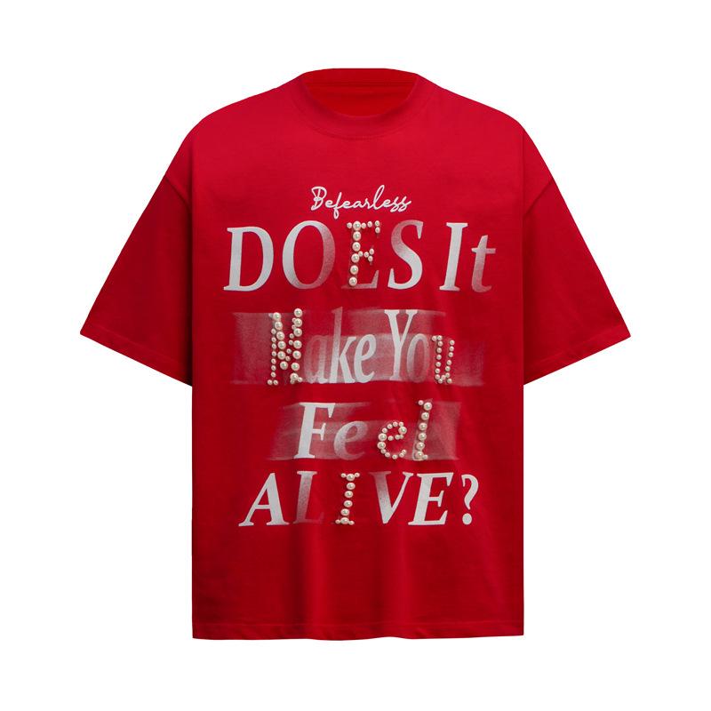 Tシャツ メンズ 通気性 ゆったり ルーズフィット ストリート系 アメカジ ヒップホップ カジュアルスタイル 個性的な アルファベットロゴ ビーズ装飾 プリント 半袖 丸首 夏